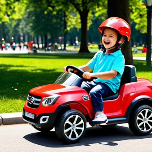 Home 7 **
A young child (ages 4-6) in fully clothed, modest attire, excitedly riding a bright red electric toy car on a sunny day in a park. The child is wearing a helmet. Background shows other families enjoying the park. Safe for work, appropriate content, family-friendly, perfect anatomy, natural proportions, professional illustration.
**