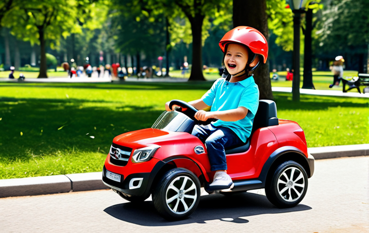 **

A young child (ages 4-6) in fully clothed, modest attire, excitedly riding a bright red electric toy car on a sunny day in a park. The child is wearing a helmet. Background shows other families enjoying the park. Safe for work, appropriate content, family-friendly, perfect anatomy, natural proportions, professional illustration.

**